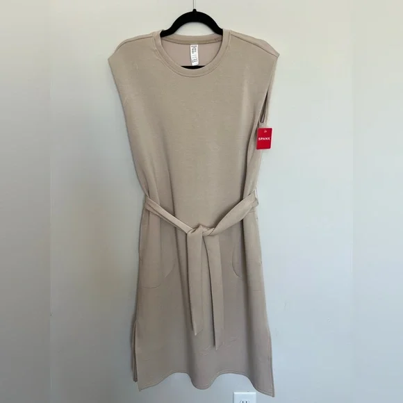 SPANX AirEssentials Tank‎ Dress Tahini Scuba Knit Sleeveless Belted NWT Size L - Picture 5 of 8